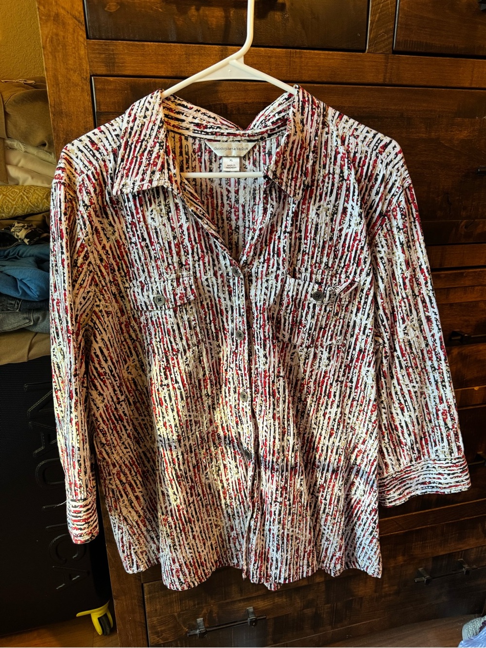 Christopher & Banks White, Red & Black Linear Print Button-Front Shirt